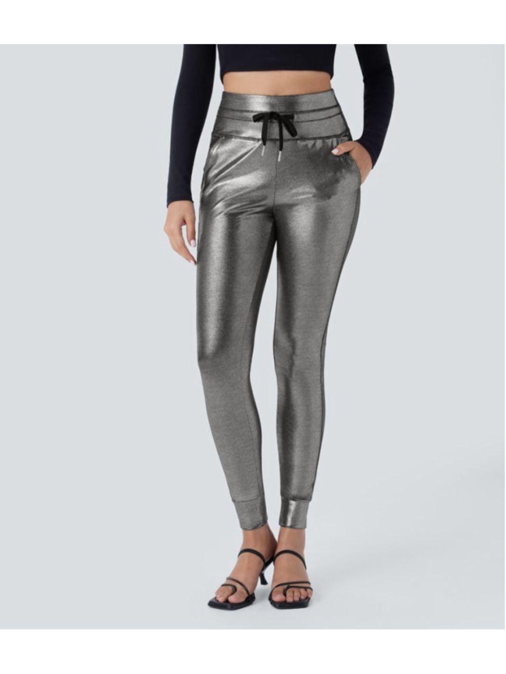 Halara SoftlyZero™ Faux Leather High Waisted Silver Sparkle Foil Print Joggers S